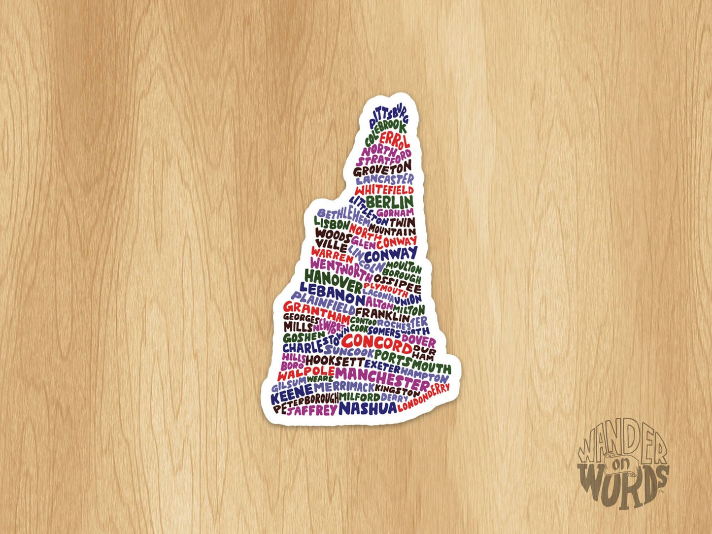 Hand-Lettered New Hampshire Towns Map Sticker