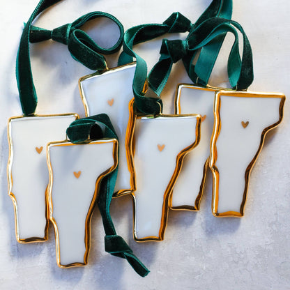 Vermont Handmade Porcelain State Ornament w/Gold