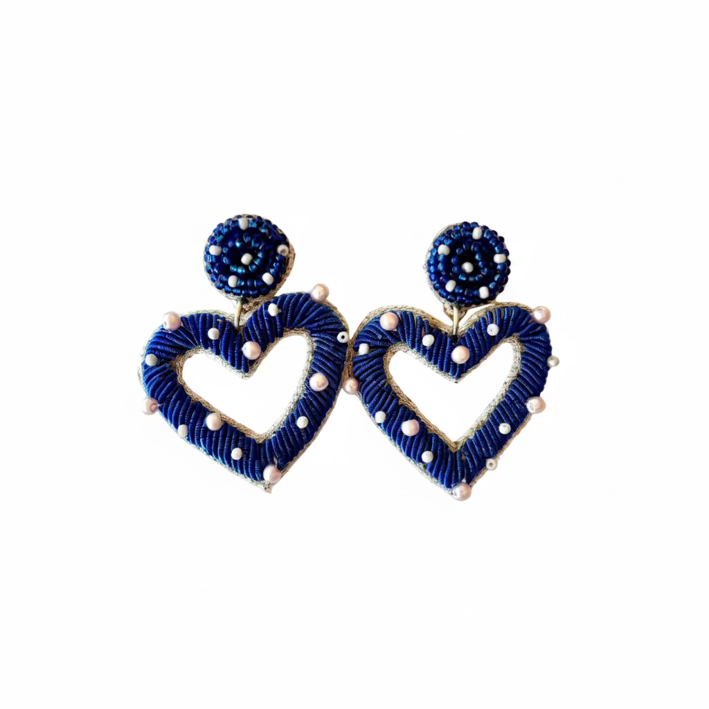 Blue Beaded Heart Earrings