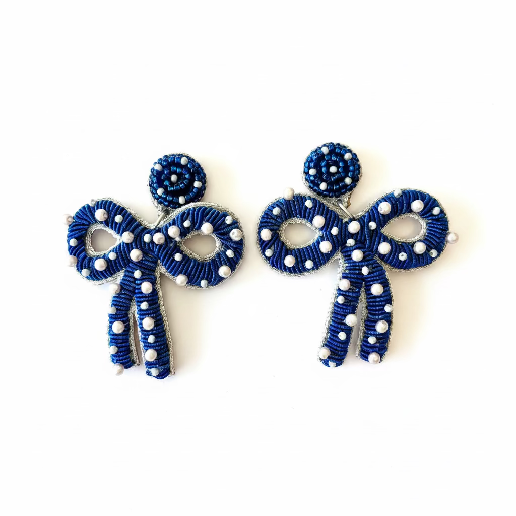 Blue Beaded Bow Earrings