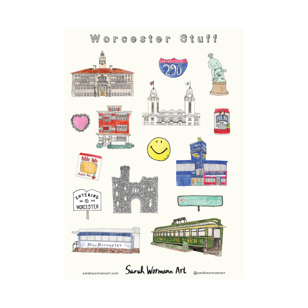 Worcester Sticker Sheet - Vinyl, Waterproof Die-Cut Stickers