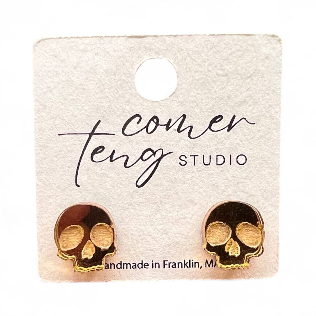 Gold Shimmer Skull Stud Earrings