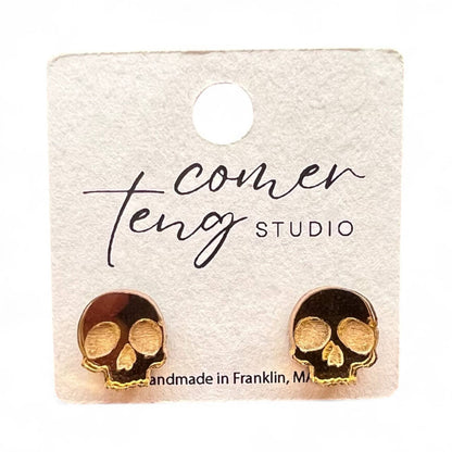 Gold Shimmer Skull Stud Earrings