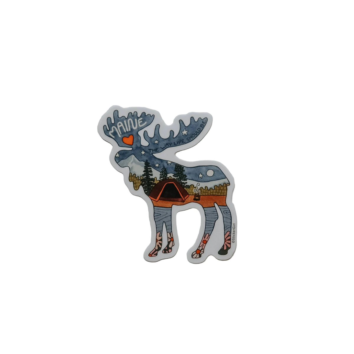 Maine Moose Sticker with watercolor artwork of camping