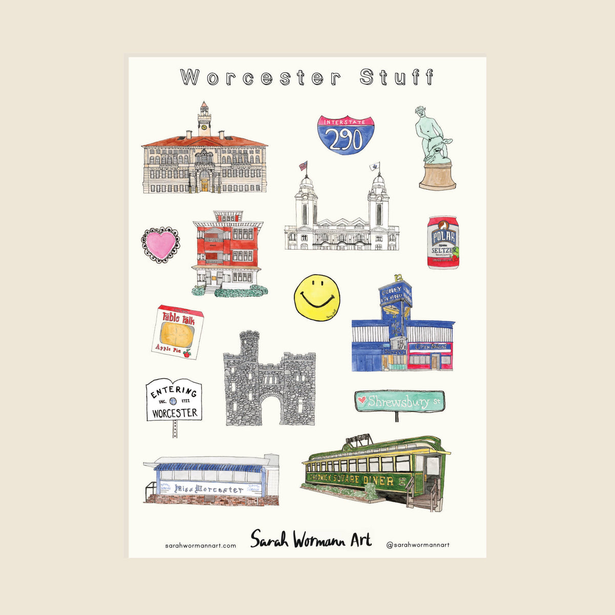 Worcester Sticker Sheet - Vinyl, Waterproof Die-Cut Stickers